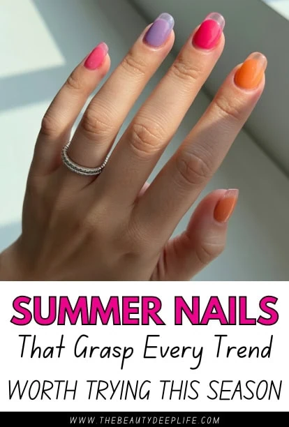 Summer nails with vibrant, colorful polish on well-manicured fingers, showcasing trendy nail art perfect for the season.