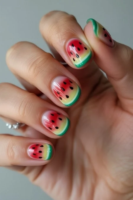 Inspired nail art with vibrant red, green, and black colors, resembling fresh watermelon slices. Perfect for summer and spring fashion, showcasing creative and colorful nail art.