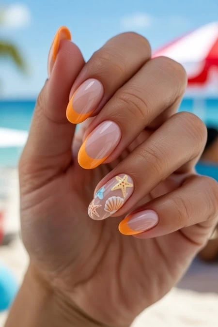 Themed French manicure with starfish and shell nail art, perfect for summer and vacation vibes. The image showcases a hand with beautifully manicured nails featuring orange tips and detailed ocean-ins.