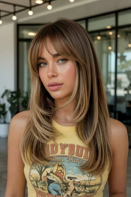 Elegant woman with long blonde hair, wearing a vintage-style graphic tank top, posing confidently in a contemporary, well-lit interior space with large windows and stylish decor.