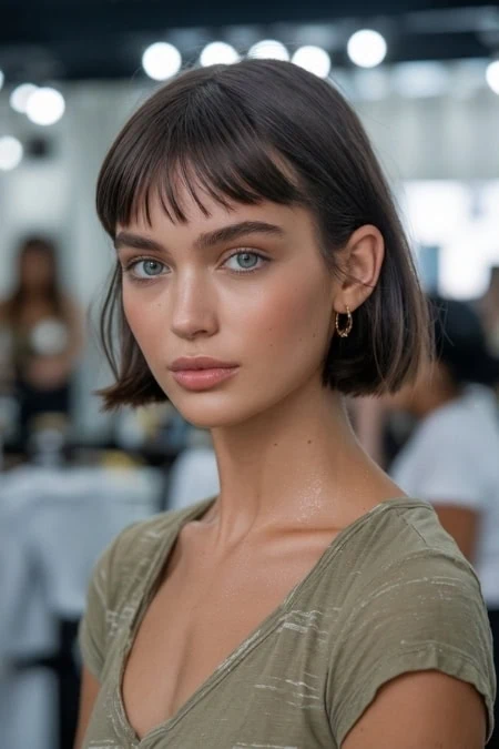 Portrait of a young woman with short dark hair and blue eyes, showcasing natural beauty and skincare in a professional setting.