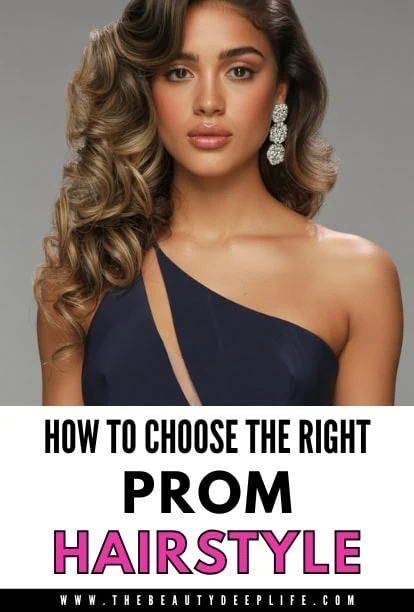 A portrait of a young woman with beautifully styled, voluminous hair and flawless makeup, showcasing a sophisticated prom hairstyle. She wears a stylish navy blue dress with an asymmetrical neckline a.