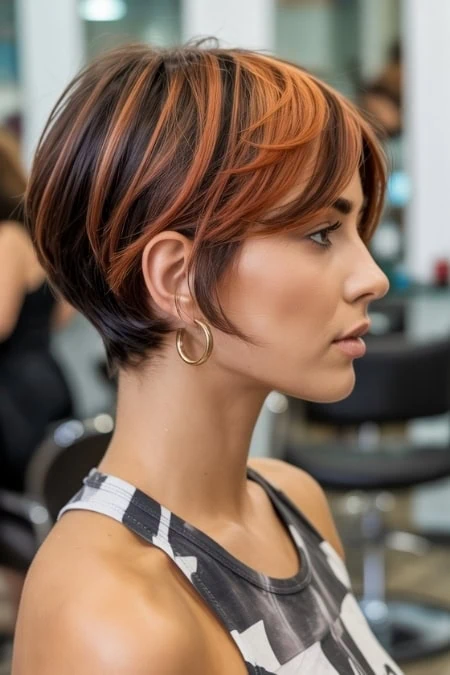 Side profile of a woman with a stylish short haircut featuring auburn highlights, showcasing modern hair color and trendy hairstyle for a beauty and fashion-focused website.