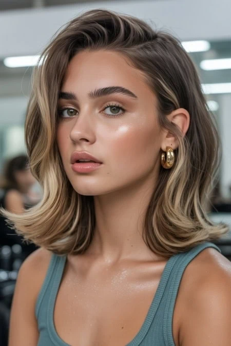 Young woman with styled hair, flawless makeup, and gold hoop earrings in a professional beauty salon environment.