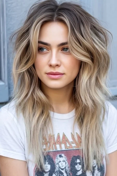 A portrait of a young woman with long, blonde, wavy hair showcasing healthy, voluminous locks. Perfect for beauty, hair care, and styling content emphasizing natural hair and modern hair trends.