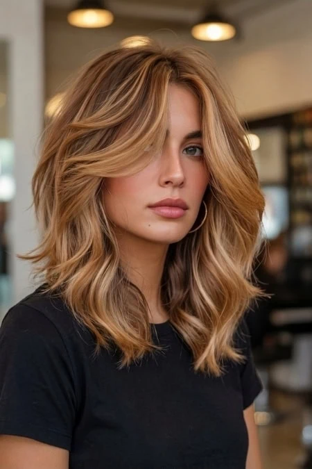 A woman with shoulder-length, blonde hair styled in soft waves, wearing a black top, in a modern salon setting with warm lighting.
