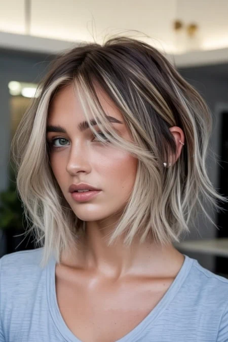 A young woman with a stylish, layered blonde bob haircut featuring subtle highlights and textured waves, showcasing a trendy and fresh hairstyle perfect for a contemporary look.