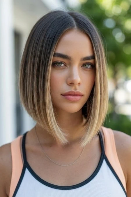 Beautiful young woman with straight, shoulder-length hair, natural makeup, and a confident expression, standing outdoors with blurred greenery in the background. Perfect for beauty, hair care, and lif.