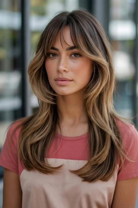 Elegant woman with long, wavy hair, wearing a pink and beige top, posing outdoors with a blurred urban background.