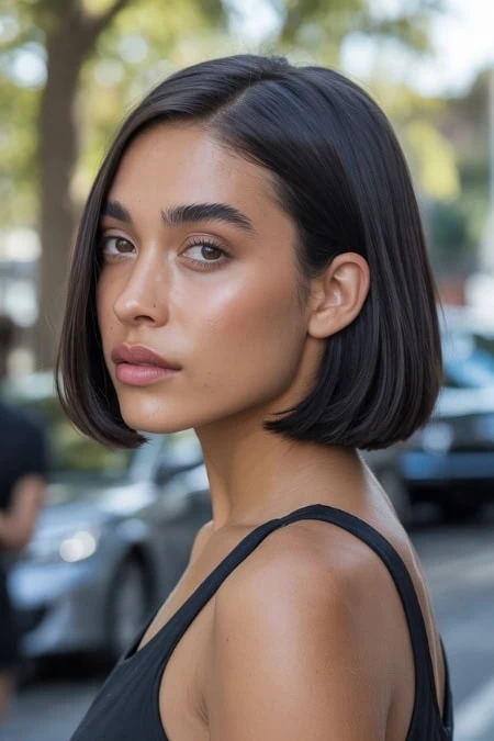 Close-up of a young woman with clear, glowing skin and sleek black hair, outdoors in natural light, showcasing beauty and skincare.