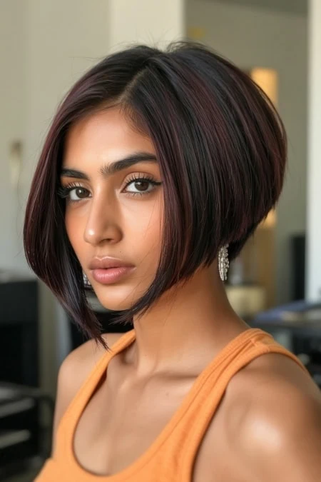 Elegant short bob hairstyle with sleek, layered cut and rich dark color, perfect for a modern, sophisticated look. Ideal for women seeking a stylish and easy-to-maintain hairdo.