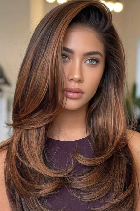 A portrait of a young woman with an oval face and long, voluminous, and softly waved haircut in warm brown tones, showcasing healthy, shiny hair with a professional beauty salon background.