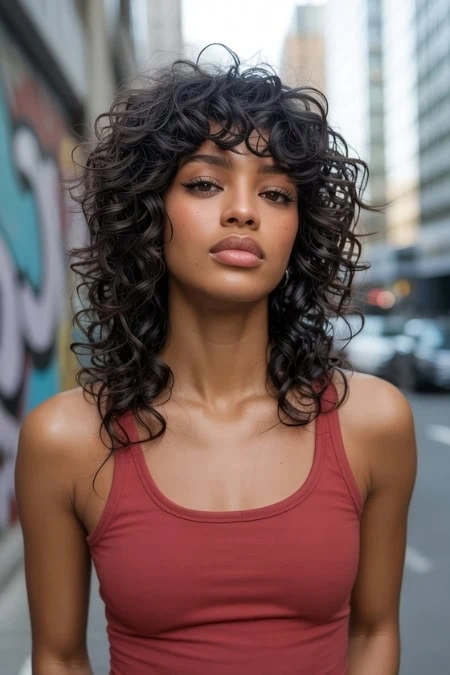 A confident woman with voluminous, curly hair standing outdoors in a city environment, showcasing modern beauty and hair styling. Perfect for beauty, hair care, and urban lifestyle content.