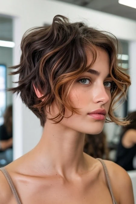 Beautiful woman with a short, wavy hairstyle featuring balayage highlights, showcasing modern hair coloring and styling techniques. Perfect for a trendy, effortless look.