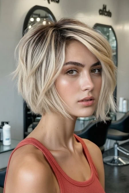 Blonde bob haircut, trendy short hairstyle for women, salon setting, modern hair styling, beauty and haircare.