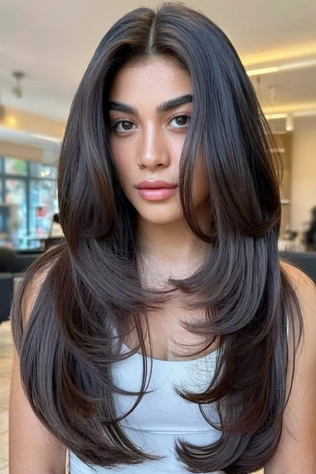A woman with an oval face and long, dark, and shiny hair styled in soft waves, showcasing healthy and voluminous haircuts. Perfect for beauty and hair care inspiration, emphasizing hair health and styling.