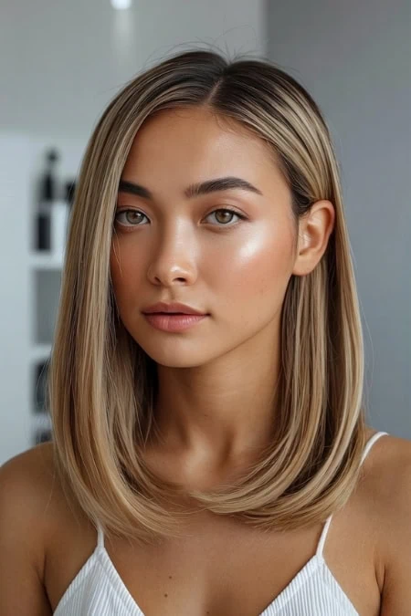 Portrait of a young woman with flawless skin and oval face, blonde hair, and natural makeup, showcasing haircuts. Perfect for beauty, skincare, and wellness content.