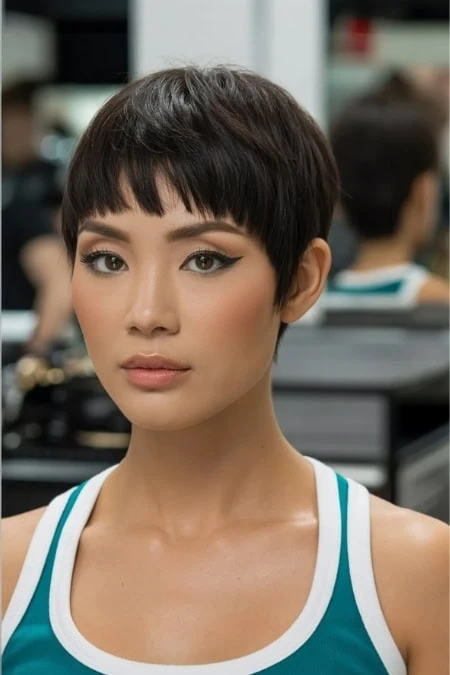 Short-haired woman with a modern pixie cut, wearing a teal and white tank top, in a beauty salon setting. Perfect for beauty, hair styling, and personal care themes.