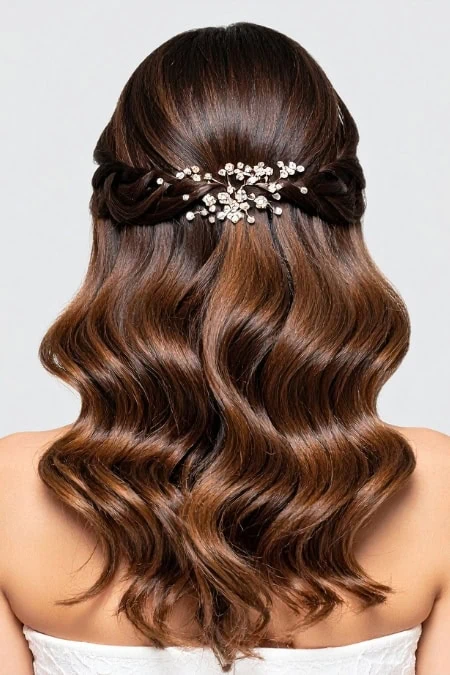 Brunette hair styled in loose waves with a decorative floral hairpiece, perfect for weddings or formal events. The hair is shiny, well-groomed, and styled to enhance natural beauty and elegance.
