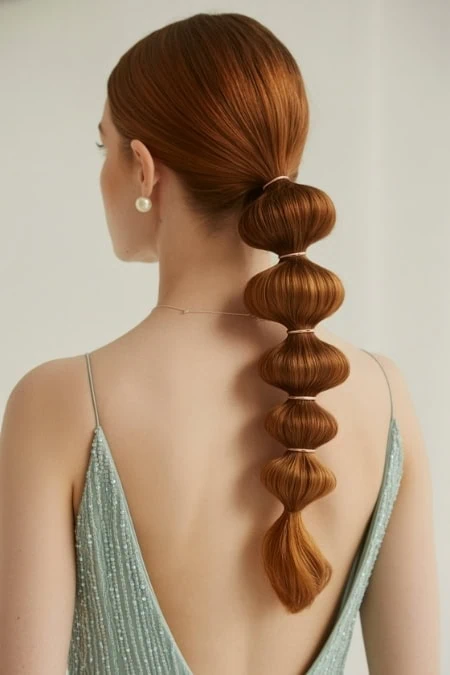 Beautiful red hair styled in a bubble ponytail braid, showcasing a sleek and creative hairstyle perfect for special occasions or everyday fashion.