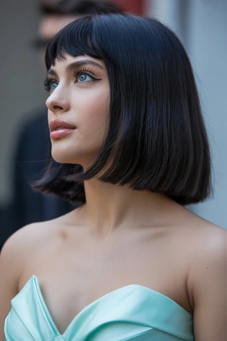 A portrait of a young woman with sleek, straight black hair styled in a chic bob, showcasing flawless skin and natural makeup. Perfect for beauty, haircare, and fashion content.
