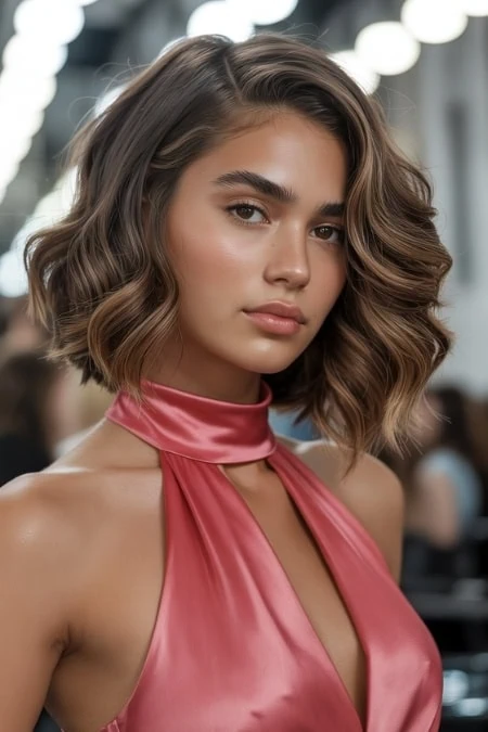 Young woman with wavy, shoulder-length example of prom hairstyles and flawless skin, wearing a pink satin halter top, in a professional beauty salon setting.