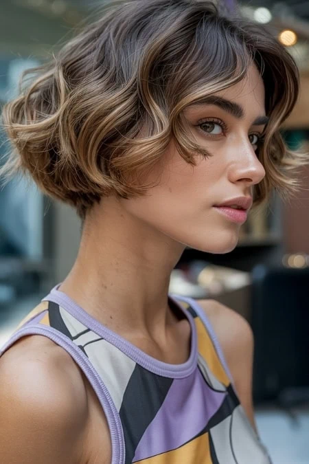 Elegant short wavy bob hairstyle with subtle highlights, perfect for a contemporary and stylish look. Ideal for women seeking a versatile and trendy haircut that enhances natural hair texture.