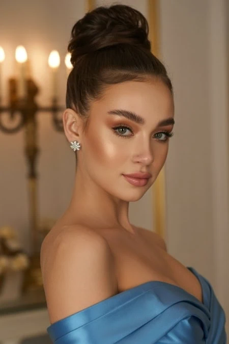 Elegant woman with flawless makeup and a high bun hairstyle, wearing a blue satin dress and pearl earrings, in a luxurious indoor setting with warm lighting. Perfect for beauty, fashion, and glamour t.