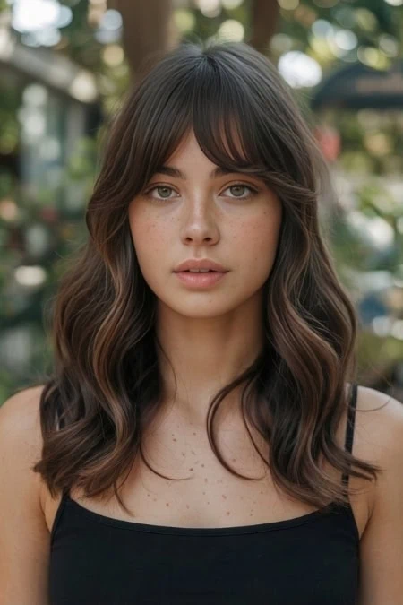 Beautiful young woman with wavy brown hair, natural makeup, and clear skin, posing outdoors in a garden setting with blurred greenery in the background.