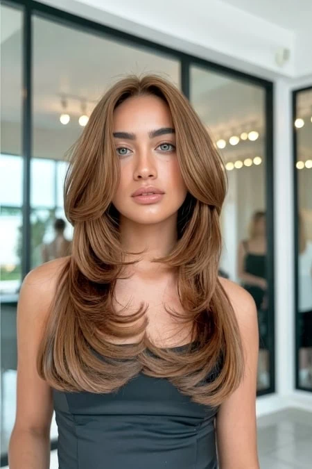A woman with an oval face shape and long, voluminous, caramel-colored hair styled in soft waves, with face-framing layered haircut, standing in a modern salon with large windows and bright lighting, showcasing professional hair styling.