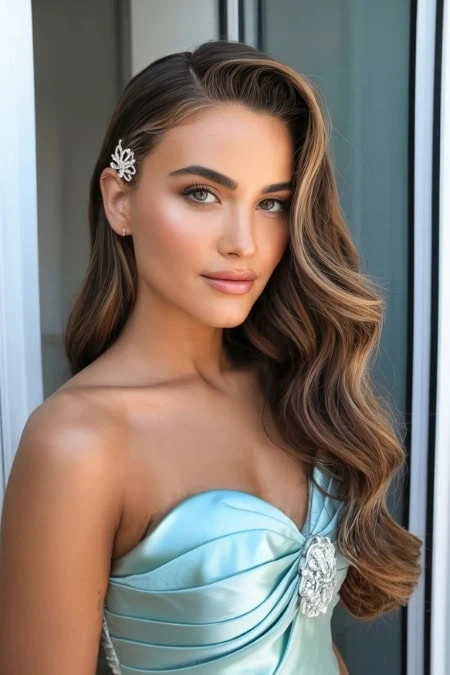Elegant prom hairstyle featuring long, soft, flowing waves with a side part, perfect for a formal event or prom night. The look is complemented by a sparkling hair accessory and a strapless dress.