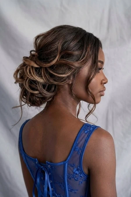 Elegant bridal updo with soft curls and intricate styling, perfect for weddings and formal events. Showcases sophisticated hair design emphasizing beauty and elegance.