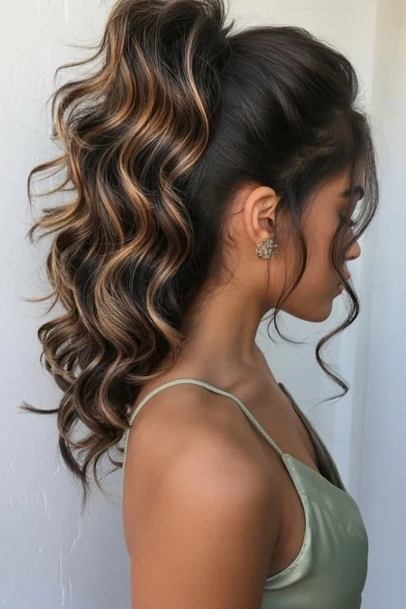 Elegant woman with long, voluminous curly hair featuring caramel highlights, styled in a high ponytail, showcasing a sophisticated and trendy look for beauty and hair styling.