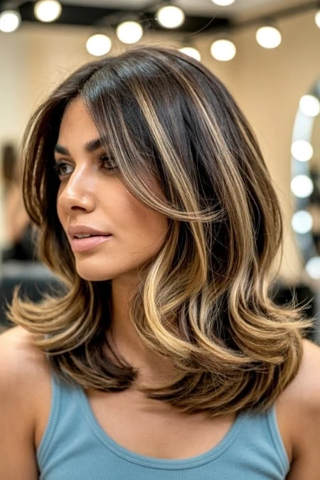 A woman with an oval face shape and with beautifully styled, shoulder-length brunette haircut featuring soft, voluminous waves, in a professional salon setting with bright, circular lighting in the background.