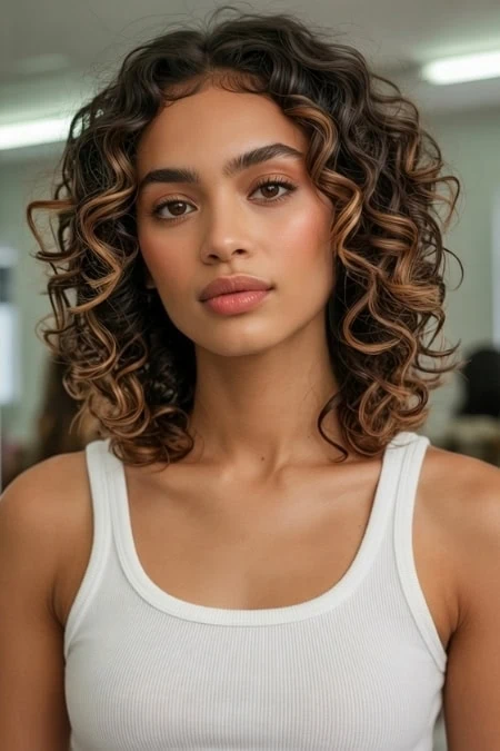 Young woman with voluminous, curly hair and glowing skin, showcasing natural beauty and confidence. Perfect for beauty, haircare, and skincare content emphasizing healthy, curly hair and radiant skin.