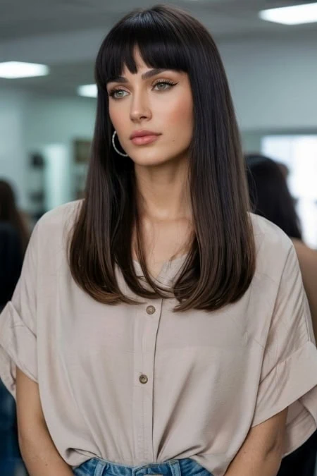 Modern woman with dark hair and bangs in a professional setting, wearing a beige blouse and hoop earrings, looking thoughtfully to the side. The background shows an office environment with blurred fig.