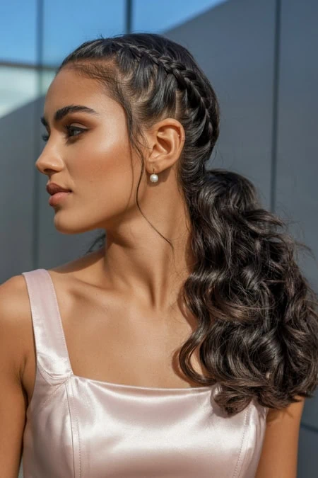 Elegant woman with long, curly hair styled in a side ponytail and intricate braids, wearing pearl earrings and a satin dress, standing outdoors with modern building background.