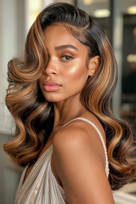 Elegant hair and beauty portrait of a woman with long, wavy, caramel-colored hair, showcasing healthy, shiny locks and flawless skin, ideal for beauty, haircare, and fashion content.