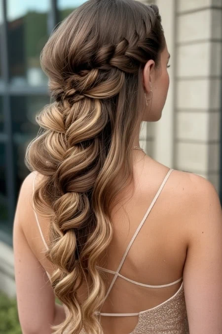 Beautiful bridal hairstyle featuring loose, voluminous curls with a braided crown for a romantic, boho-chic look. Perfect for weddings and special occasions, showcasing intricate hair styling.