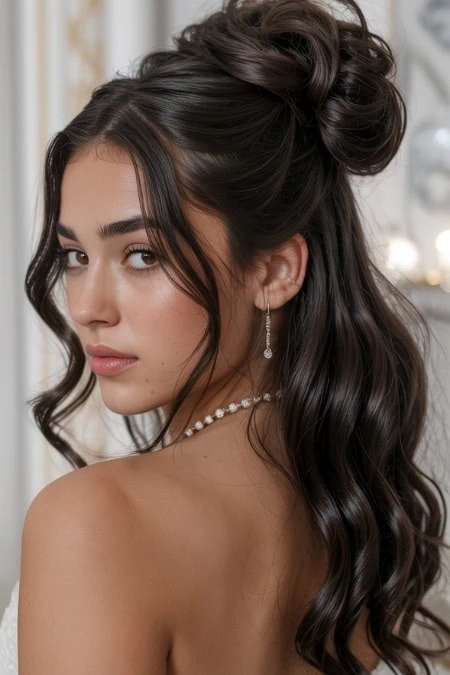 Elegant bridal hairstyle with long, wavy dark hair styled in a voluminous updo, complemented by delicate pearl earrings and necklace, perfect for wedding or special occasion.