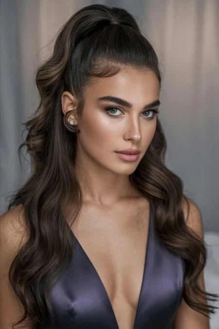 Brunette woman with styled hair and makeup, wearing a satin dress, in a professional beauty portrait emphasizing skincare, hair, and makeup for a polished look.