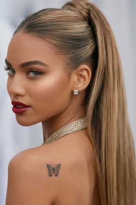 Beauty and confidence: woman with long blonde hair, butterfly tattoo, elegant makeup, and sparkling jewelry, emphasizing beauty, style, and self-expression.