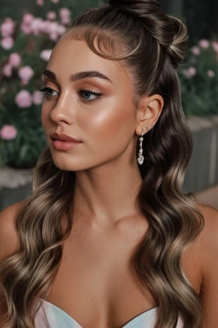 Elegant woman with styled hair and makeup, wearing earrings, in a garden setting with pink flowers, showcasing beauty and fashion for a wedding or special occasion.