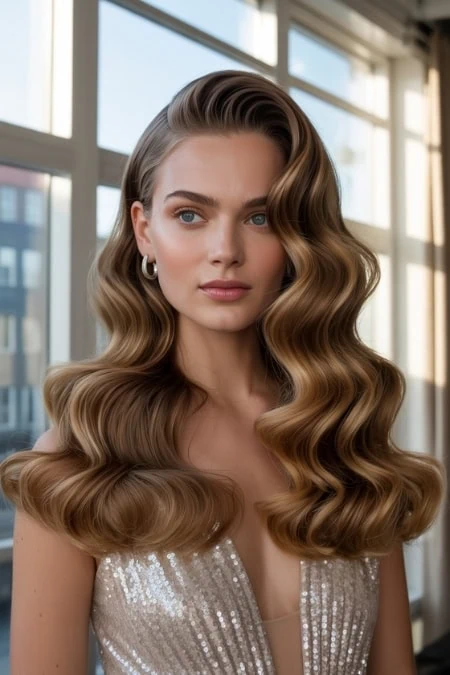 A woman with stunning, long, wavy hair styled in glamorous curls, wearing a sparkly top, in a modern indoor setting with large windows. Perfect for beauty, hair styling, and hair care themes.
