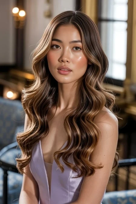 Elegant woman with long, wavy hair showcasing healthy, shiny hair in a sophisticated indoor environment.