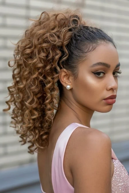 A woman with voluminous, curly hair styled in a high ponytail, showcasing healthy, shiny curls and prom hairstyles. She has flawless makeup and is wearing pearl earrings, with a soft pink top, against a blurred urban bac.