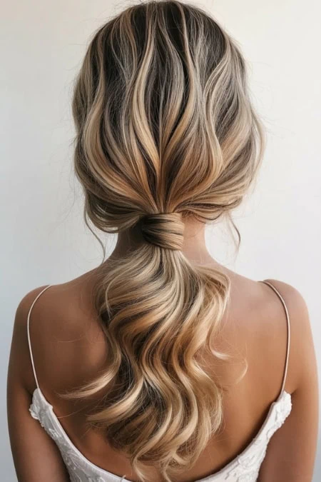 Elegant blonde wavy hairstyle with a low ponytail, showcasing glossy, healthy hair with subtle highlights and soft curls for a chic, effortless look.