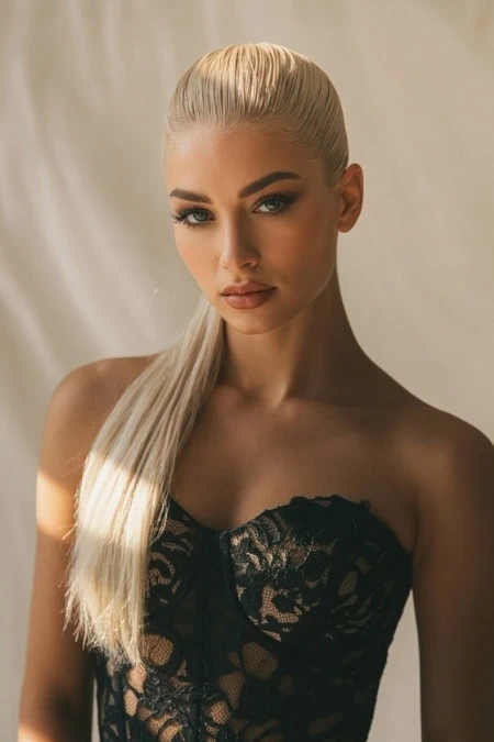 Elegant blonde woman with sleek hair and bold makeup, wearing a black lace dress, posing confidently against a neutral background, showcasing beauty and prom hairstyles inspiration.