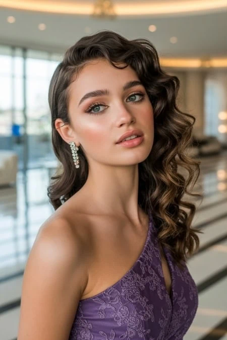 Elegant woman with wavy brown hair, flawless makeup, and sparkling earrings, wearing a purple lace dress in a bright, modern interior with large windows and stylish decor.