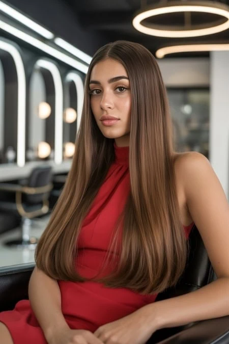 Beautiful young woman with straight, shiny hair sitting in a contemporary beauty salon, showcasing healthy hair and confident style.